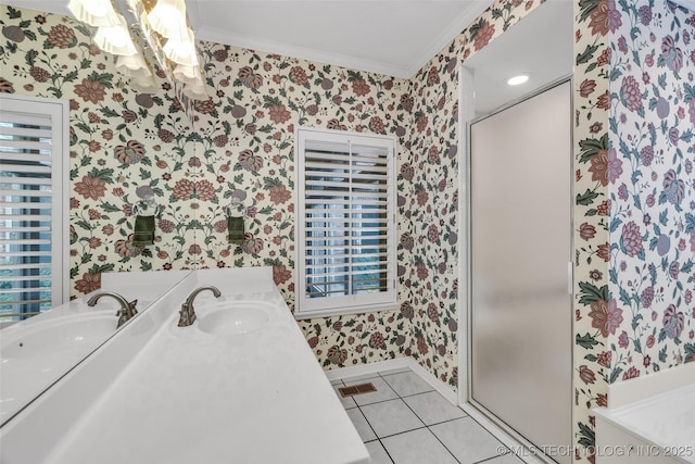 full bath featuring visible vents, ornamental molding, wallpapered walls, a shower stall, and tile patterned flooring