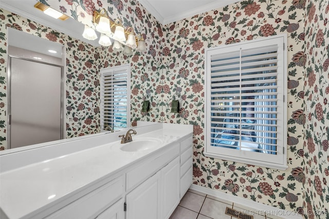 bathroom featuring tile patterned flooring, visible vents, wallpapered walls, crown molding, and vanity