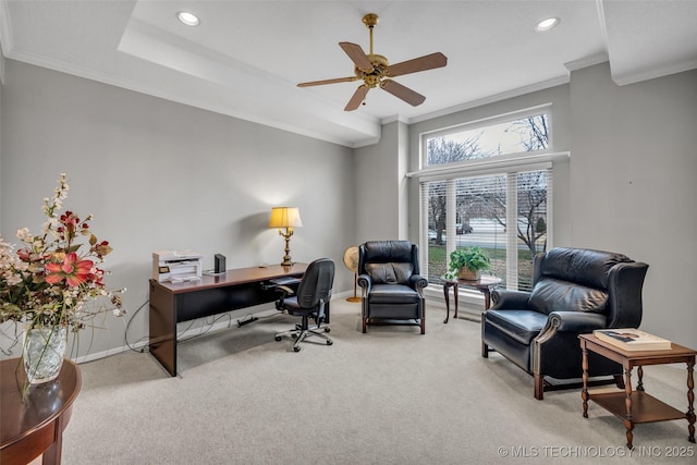 office featuring baseboards, carpet floors, recessed lighting, ceiling fan, and crown molding