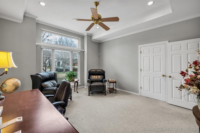 carpeted office space featuring recessed lighting, baseboards, ceiling fan, and ornamental molding