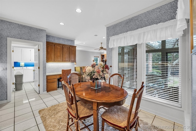 dining space featuring light tile patterned floors, recessed lighting, baseboards, and a ceiling fan