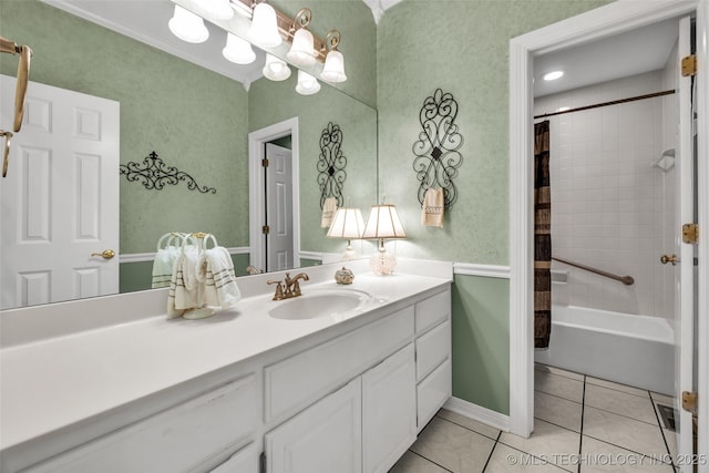 full bathroom featuring vanity, tile patterned floors, and shower / tub combo with curtain