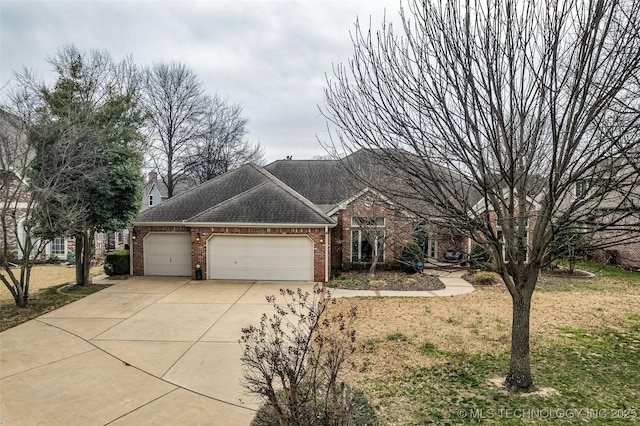 view of front of home featuring brick siding, an attached garage, concrete driveway, and roof with shingles