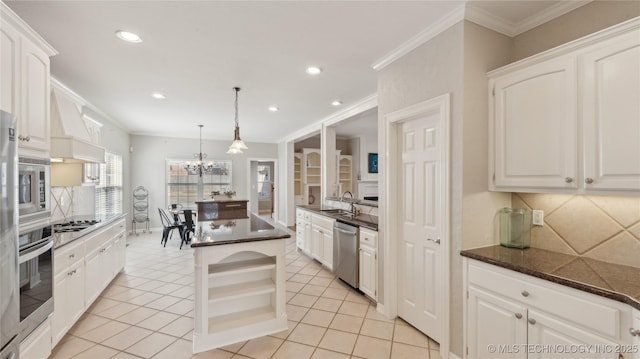 kitchen featuring open shelves, light tile patterned floors, appliances with stainless steel finishes, a notable chandelier, and a sink