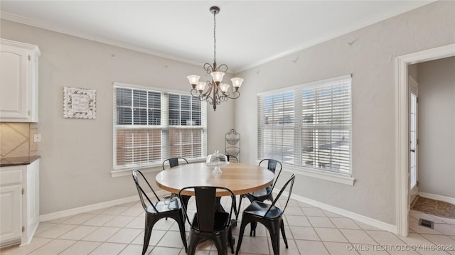 dining area featuring visible vents, baseboards, ornamental molding, light tile patterned floors, and a notable chandelier