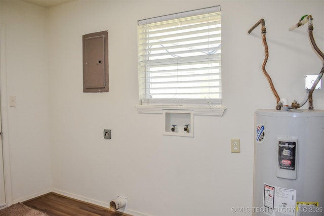 415347 E 1912th Rd, Antlers, OK 74523 - laundry room featuring electric panel, water heater, laundry area, and baseboards