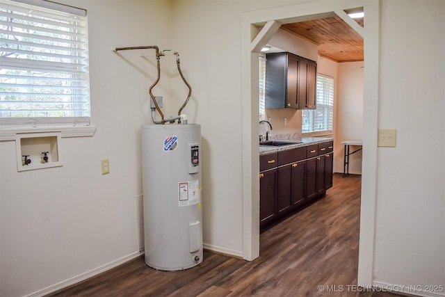 415347 E 1912th Rd, Antlers, OK 74523 - interior space with electric water heater, dark brown cabinets, dark wood-type flooring, and a sink