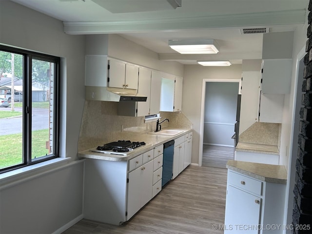 kitchen featuring dishwashing machine, white gas cooktop, a sink, decorative backsplash, and under cabinet range hood