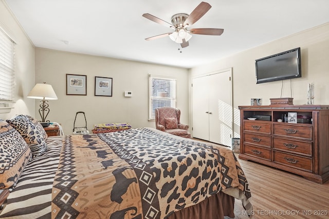bedroom with light wood finished floors, a ceiling fan, and a closet