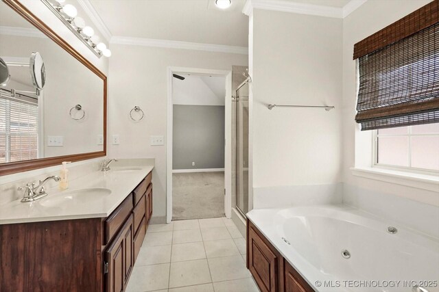 bathroom featuring crown molding, a healthy amount of sunlight, and a sink