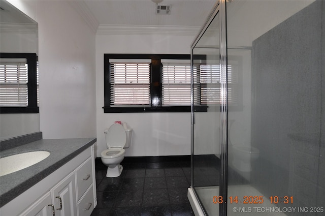 bathroom with visible vents, toilet, ornamental molding, a stall shower, and vanity