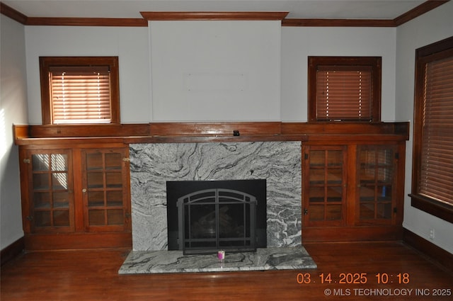 interior details with a premium fireplace, wood finished floors, and ornamental molding