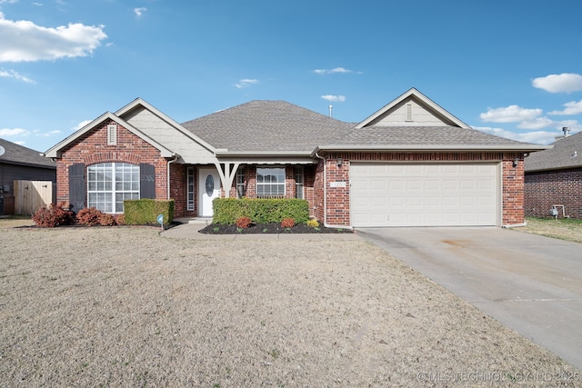 ranch-style home featuring brick siding, an attached garage, driveway, and a shingled roof