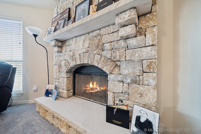 details featuring a stone fireplace and carpet flooring