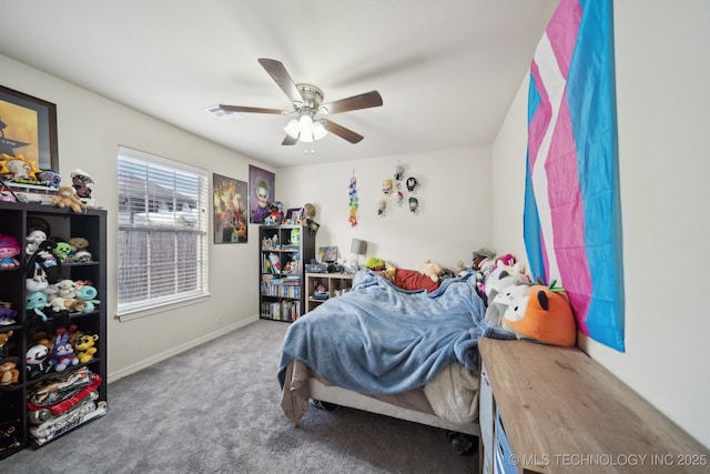 bedroom with baseboards, carpet, and ceiling fan