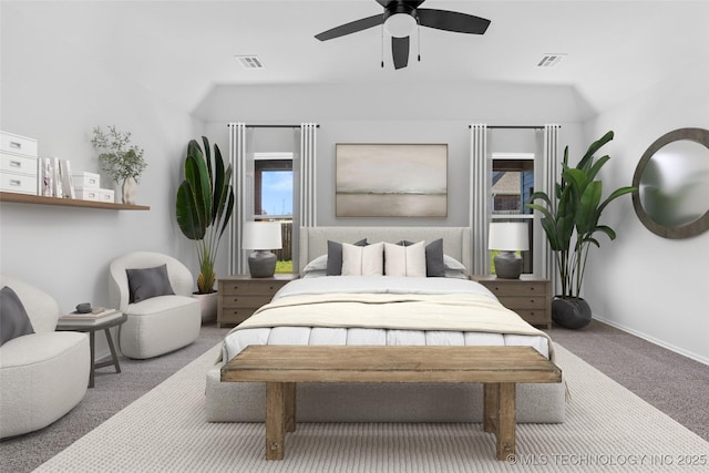 bedroom with visible vents, carpet floors, baseboards, and a ceiling fan