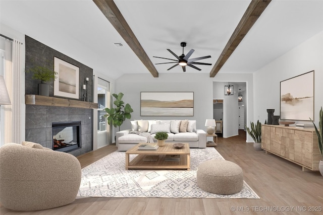 living room featuring visible vents, beam ceiling, wood finished floors, a fireplace, and ceiling fan