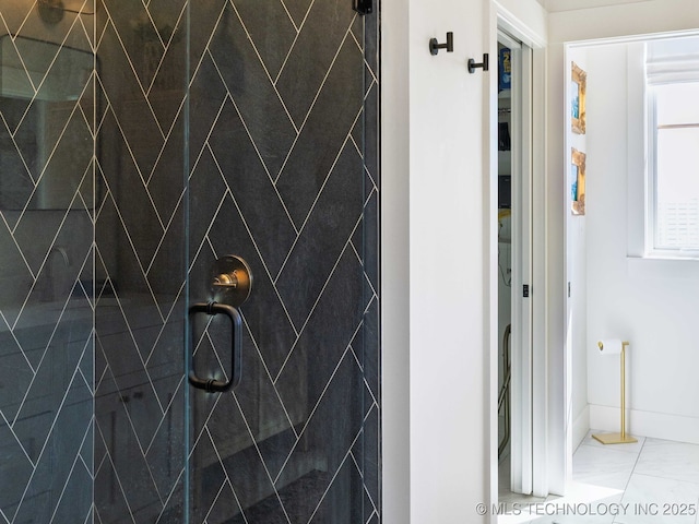 26 Boardwalk, Carlton Landing, OK 74432 - full bath featuring tiled shower, marble look tile flooring, and baseboards