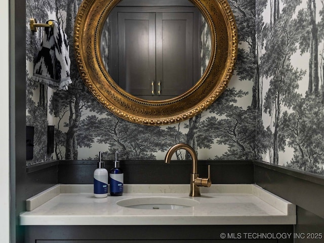 26 Boardwalk, Carlton Landing, OK 74432 - bathroom with wallpapered walls and vanity