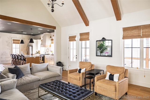 living room with beamed ceiling, a healthy amount of sunlight, and light wood-style flooring