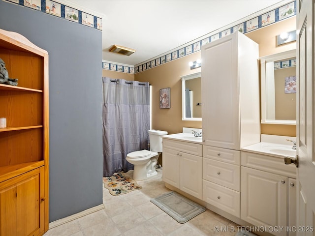 full bathroom featuring double vanity, visible vents, toilet, and a sink