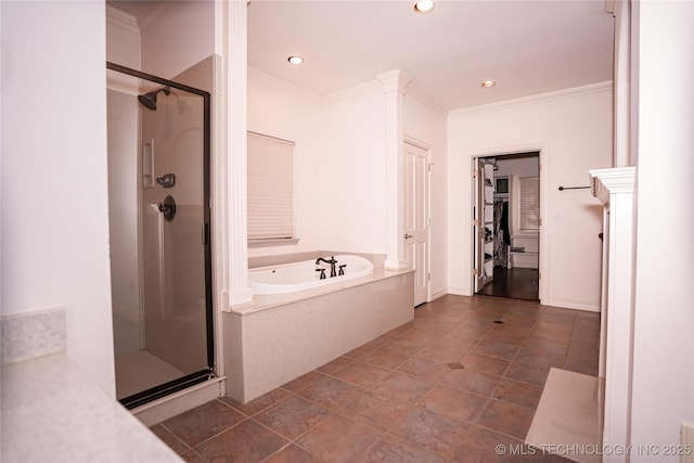 full bath with ornamental molding, recessed lighting, a shower stall, a bath, and a spacious closet