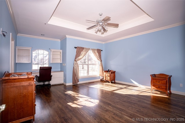 office with dark wood finished floors, a tray ceiling, baseboards, and ceiling fan