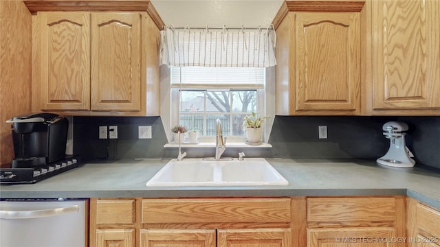 kitchen featuring stainless steel dishwasher, light brown cabinetry, and a sink