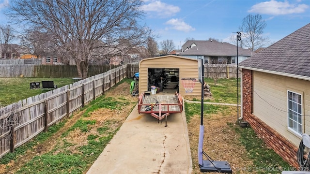 view of yard with a storage unit, an outbuilding, and a fenced backyard