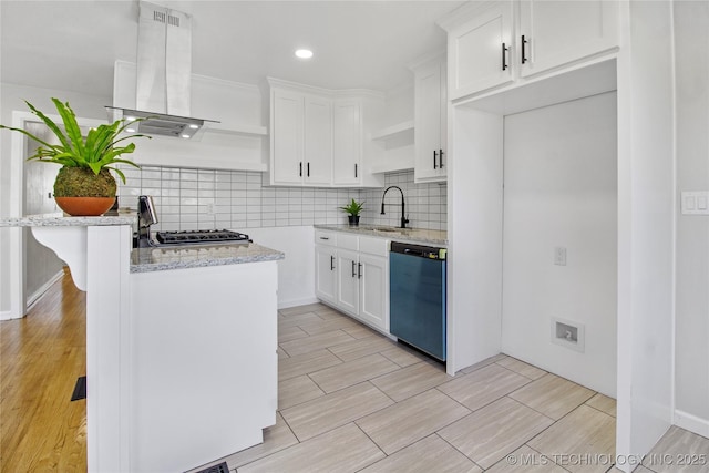 kitchen featuring open shelves, light stone counters, a sink, range hood, and dishwasher