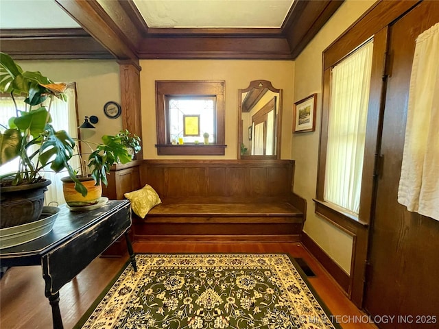 sitting room with baseboards, plenty of natural light, wood finished floors, and crown molding