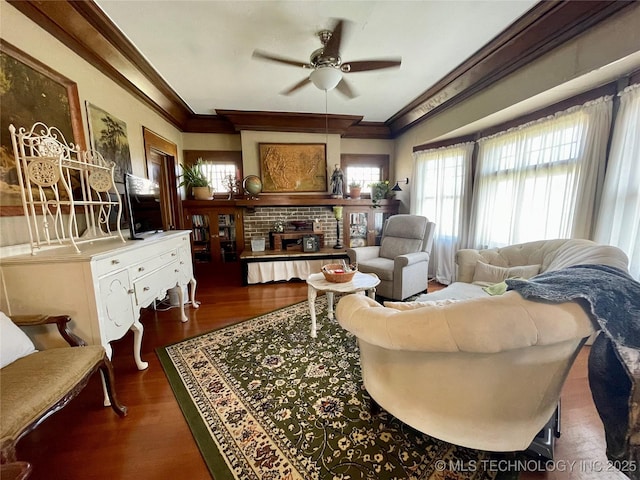 living room with a fireplace, wood finished floors, a ceiling fan, and ornamental molding