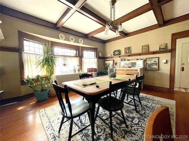 dining area featuring beam ceiling, wood finished floors, baseboards, and coffered ceiling