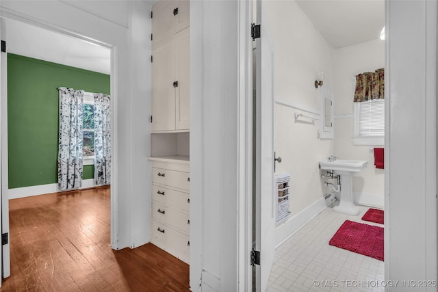bathroom featuring wood finished floors and a sink