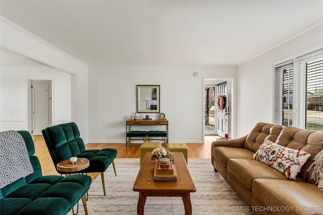 living area featuring crown molding and light wood-style floors