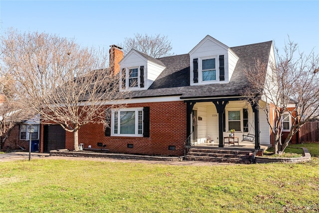 cape cod home with a front lawn, concrete driveway, covered porch, a chimney, and an attached garage