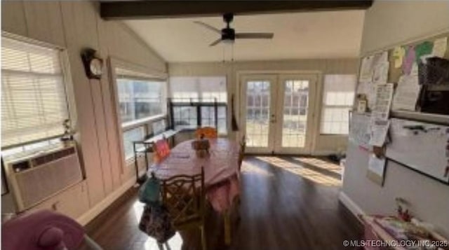 dining room with french doors, a ceiling fan, wood finished floors, and vaulted ceiling with beams