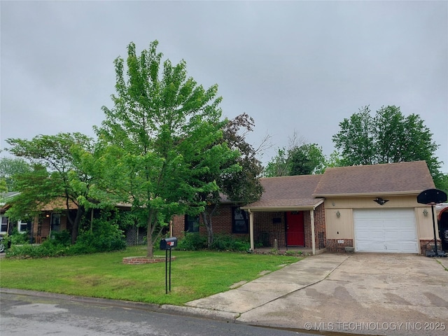 view of front facade with a front yard, brick siding, a garage, concrete driveway, and covered porch