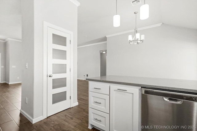 408 S 48th Ct S, Broken Arrow, OK 74014 - kitchen featuring a notable chandelier, crown molding, white cabinetry, stainless steel dishwasher, and visible vents