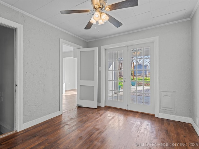 unfurnished bedroom with wood finished floors, access to exterior, crown molding, and a textured wall