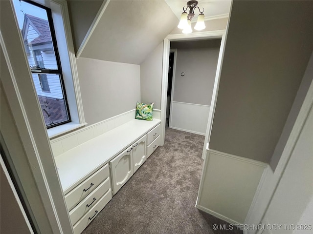 mudroom with carpet floors and vaulted ceiling