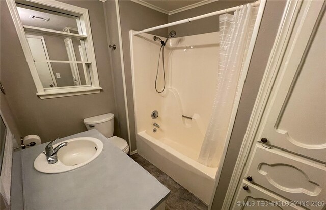 full bath with visible vents, toilet, shower / tub combo, crown molding, and vanity