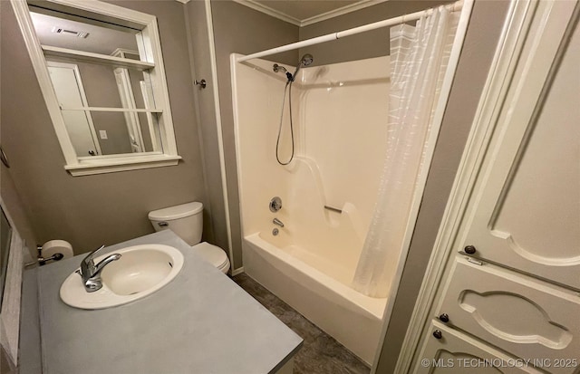 bathroom featuring vanity, shower / bathtub combination with curtain, visible vents, ornamental molding, and toilet