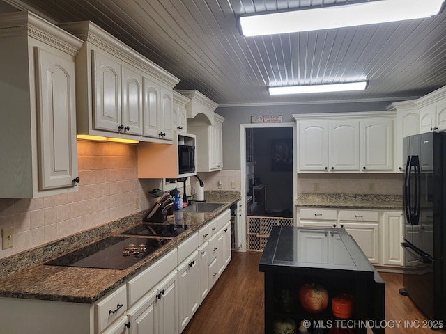 kitchen with open shelves, black appliances, dark wood-type flooring, and a sink