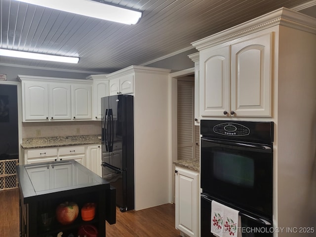 kitchen with open shelves, black appliances, dark wood-style flooring, and white cabinetry