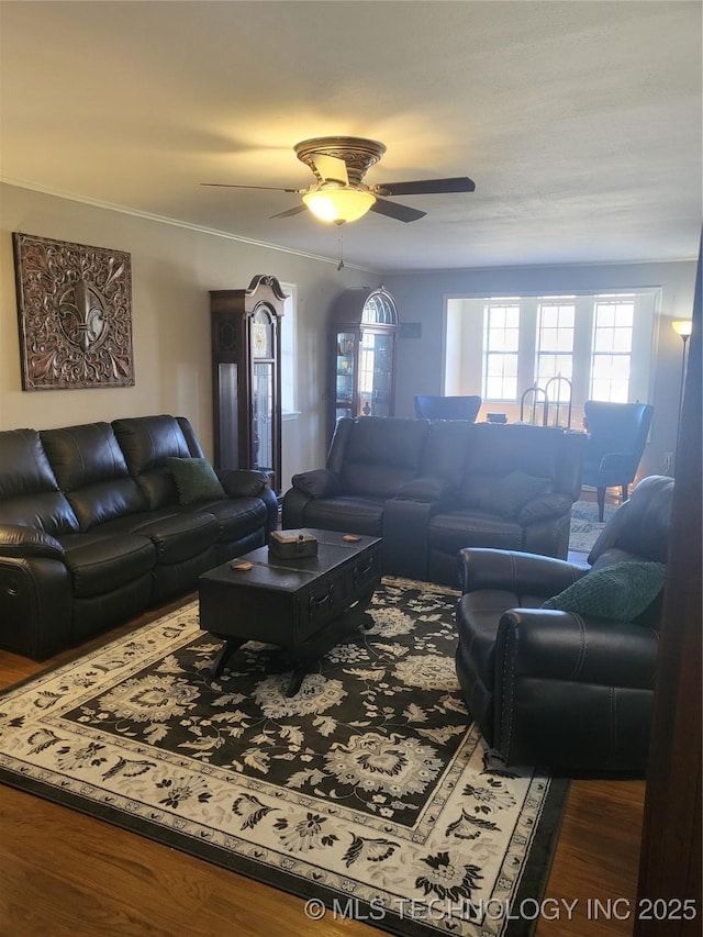 living room featuring ornamental molding, a ceiling fan, and wood finished floors