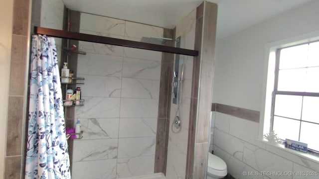 full bathroom featuring toilet, tile walls, and a shower stall