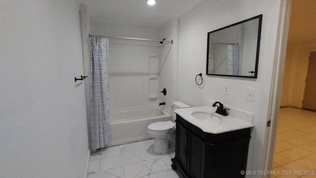 full bath with shower / bathtub combination with curtain, toilet, marble finish floor, and vanity