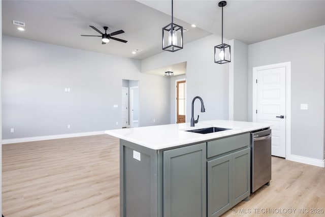 kitchen with a sink, stainless steel dishwasher, open floor plan, and gray cabinets