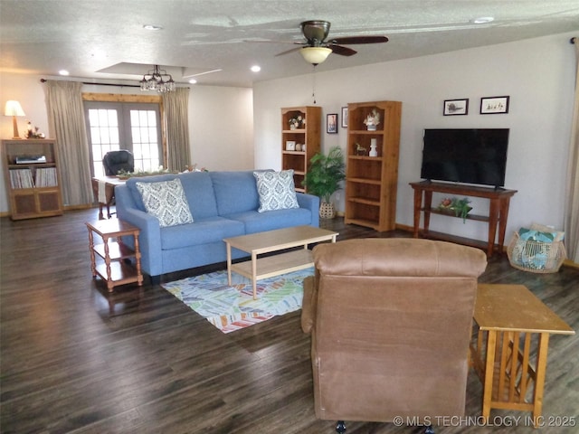 living room with recessed lighting, wood finished floors, and a ceiling fan